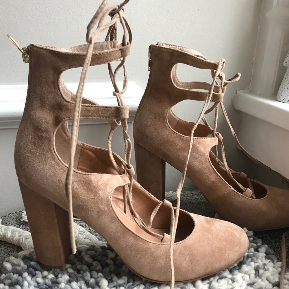 Suede lace up heels, worn once, 4”